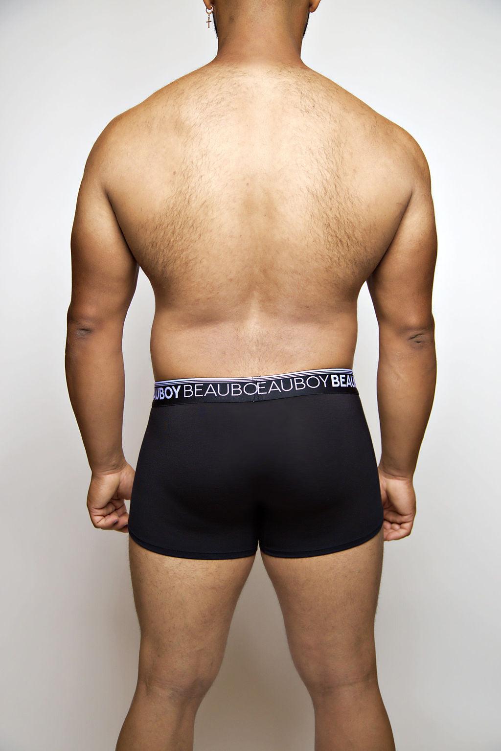 Beauboy Logo men's trunk in black – contour pouch short boxer brief front view