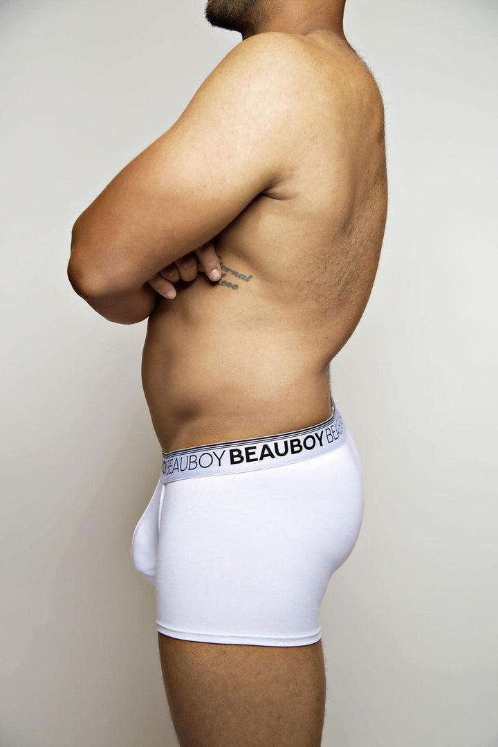 Beauboy Logo men's trunk in white – contour pouch short boxer brief front view