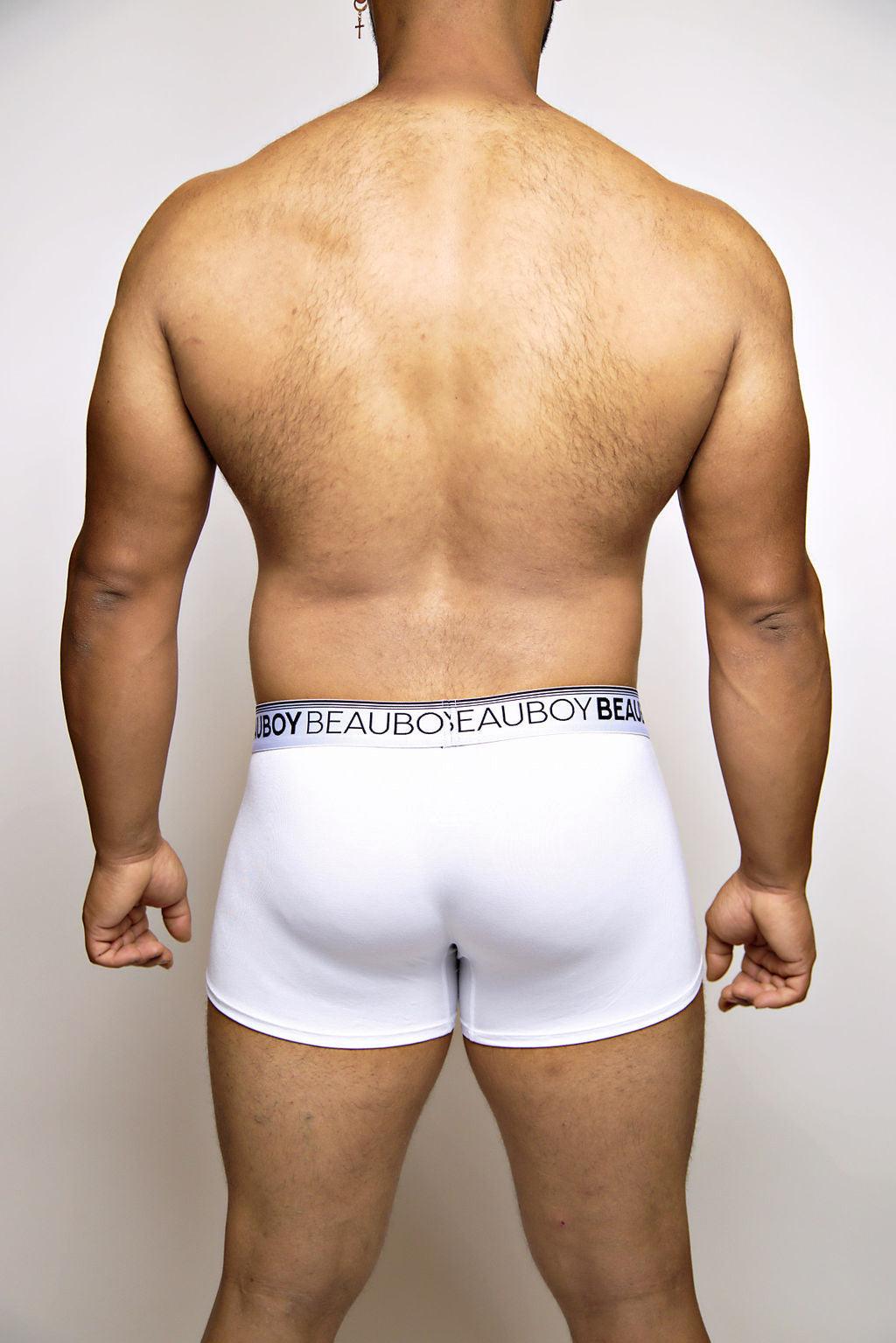 Beauboy Logo men's trunk in white – contour pouch short boxer brief front view