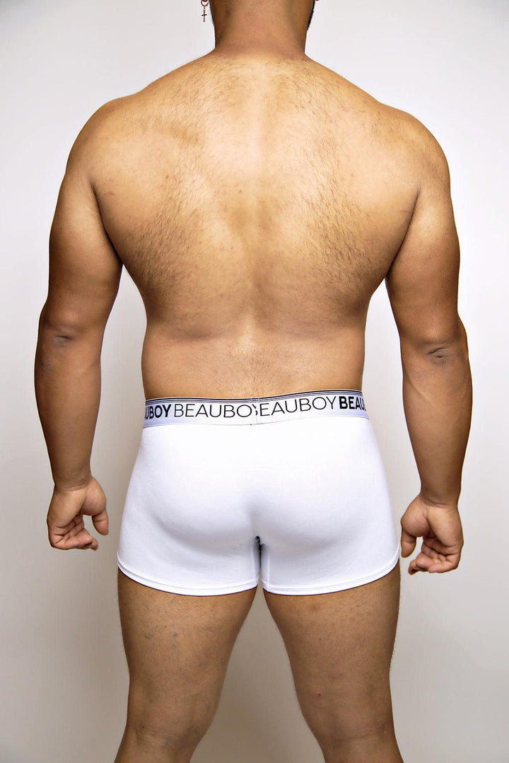 Beauboy Logo men's trunk in white – contour pouch short boxer brief front view