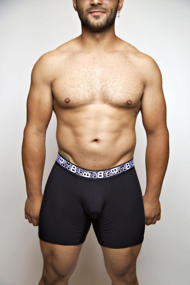 Beauboy B Logo men's joxer brief in black – contour pouch boxer brief front view