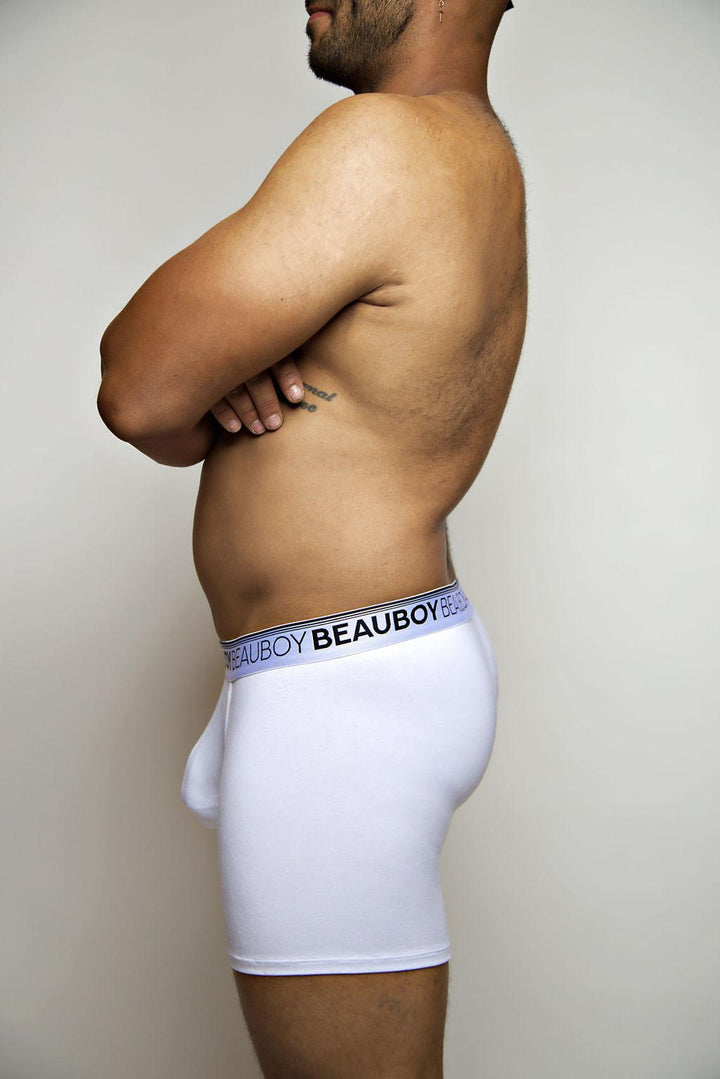Beauboy Logo men's joxer brief in white – contour pouch boxer brief front view