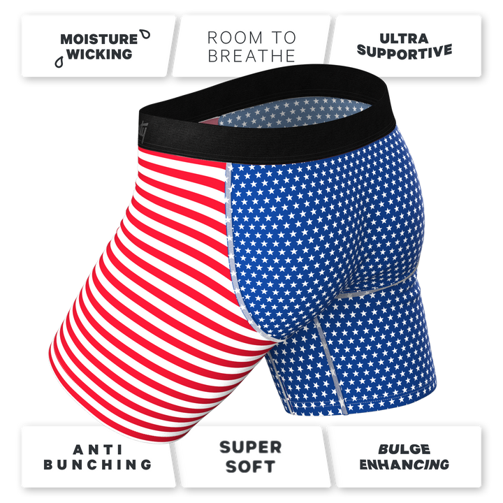 Shinesty The Ellis Island USA flag long leg Ball Hammock underwear with fly – patriotic long leg brief