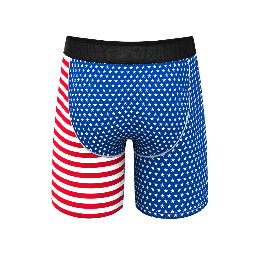 Shinesty The Ellis Island USA flag long leg Ball Hammock underwear with fly – patriotic long leg brief