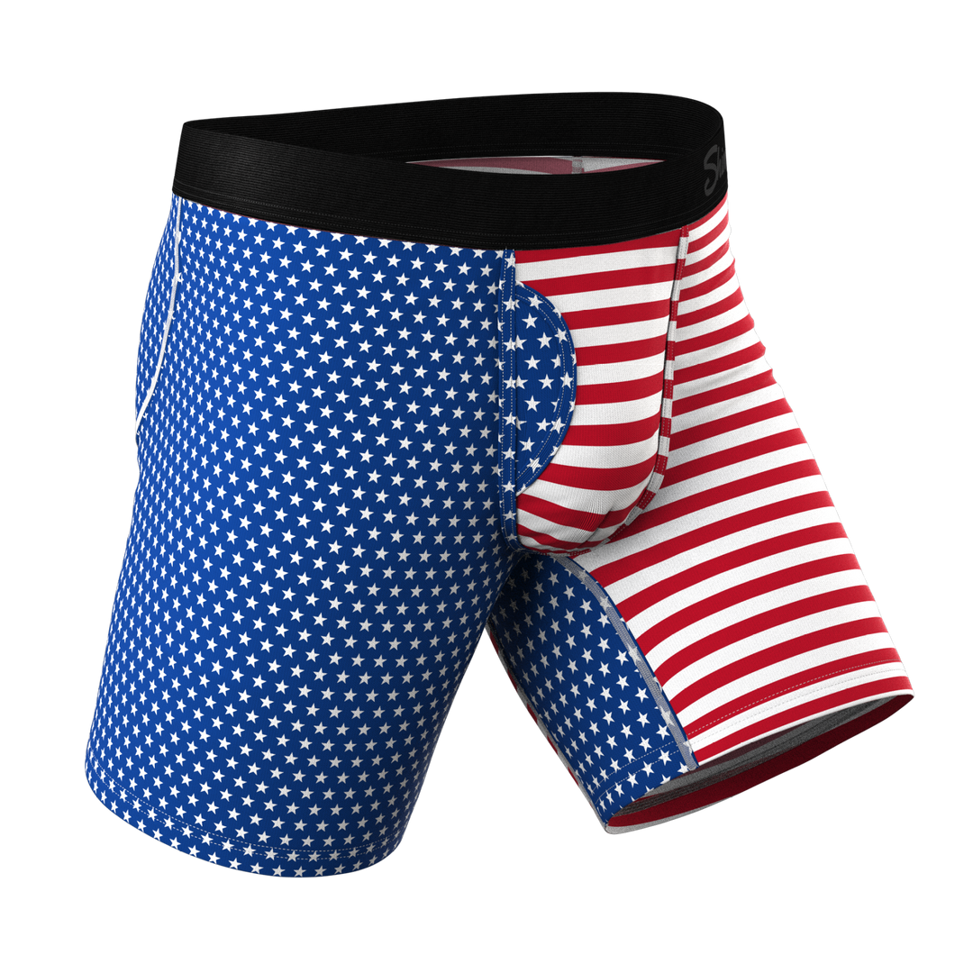 Shinesty The Ellis Island USA flag long leg Ball Hammock underwear with fly – patriotic long leg brief