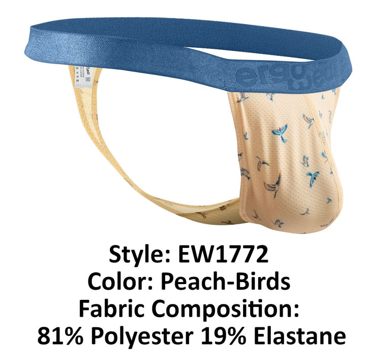 ErgoWear men's peach birds print SLK SE G-string thong – minimal open-back underwear
