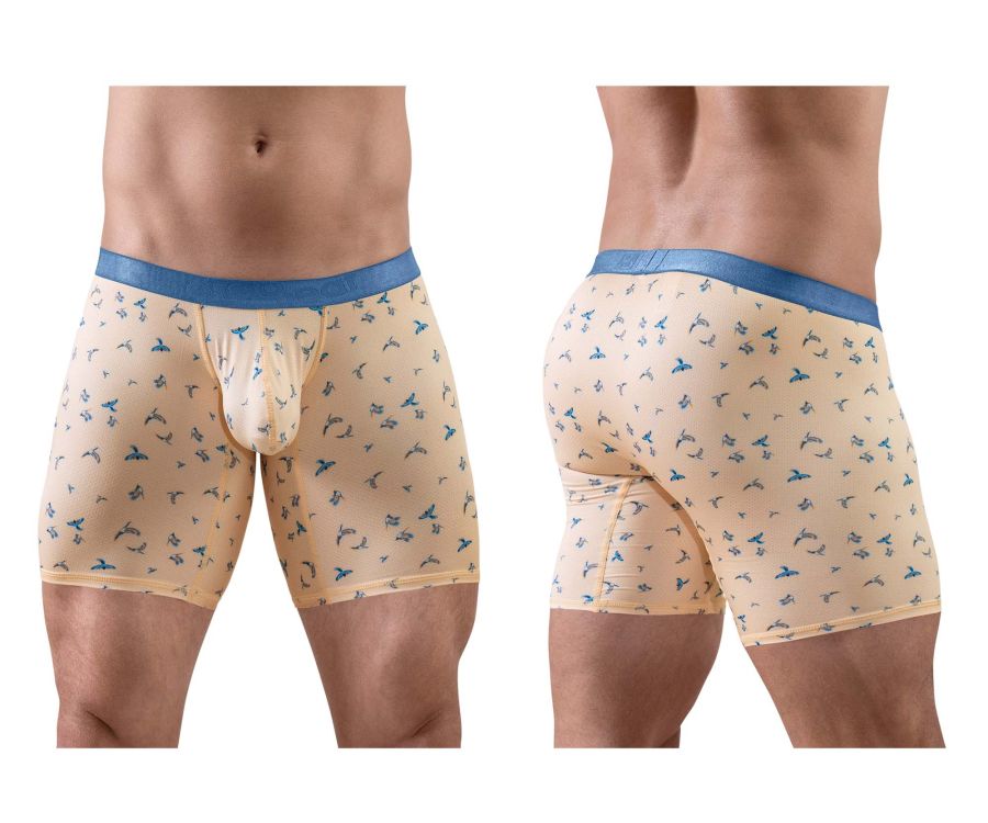 ErgoWear men's peach birds print SLK SE boxer briefs – long leg breathable underwear