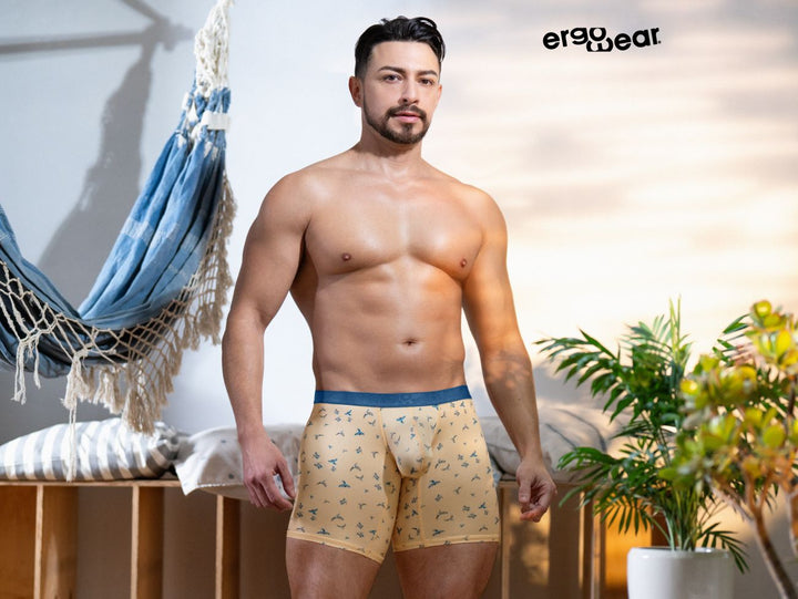 ErgoWear men's peach birds print SLK SE boxer briefs – long leg breathable underwear