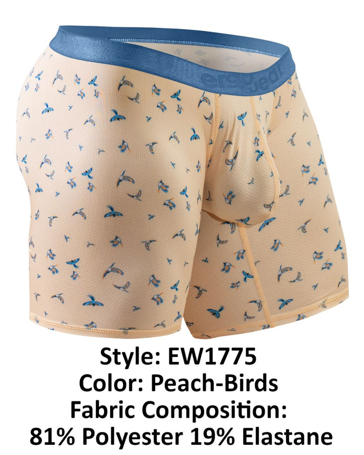 ErgoWear men's peach birds print SLK SE boxer briefs – long leg breathable underwear