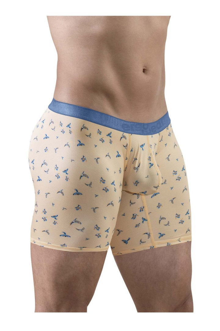 ErgoWear men's peach birds print SLK SE boxer briefs – long leg breathable underwear