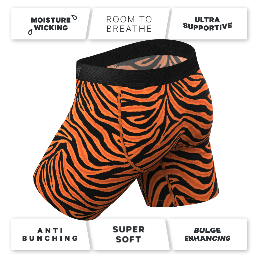 Feral Feline Tiger Print Long Leg Boxer Briefs | Ball Hammock® Pouch with Fly
