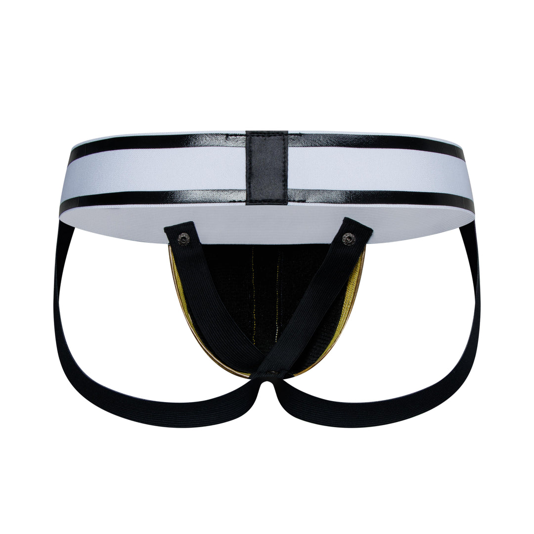 HisJock Armor Jock in gold – men's faux leather snap codpiece jockstrap