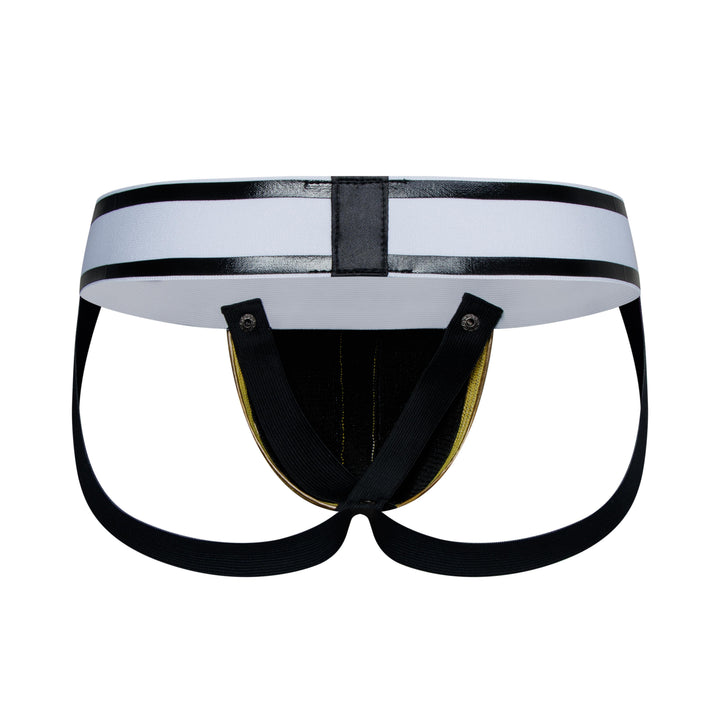 HisJock Armor Jock in gold – men's faux leather snap codpiece jockstrap