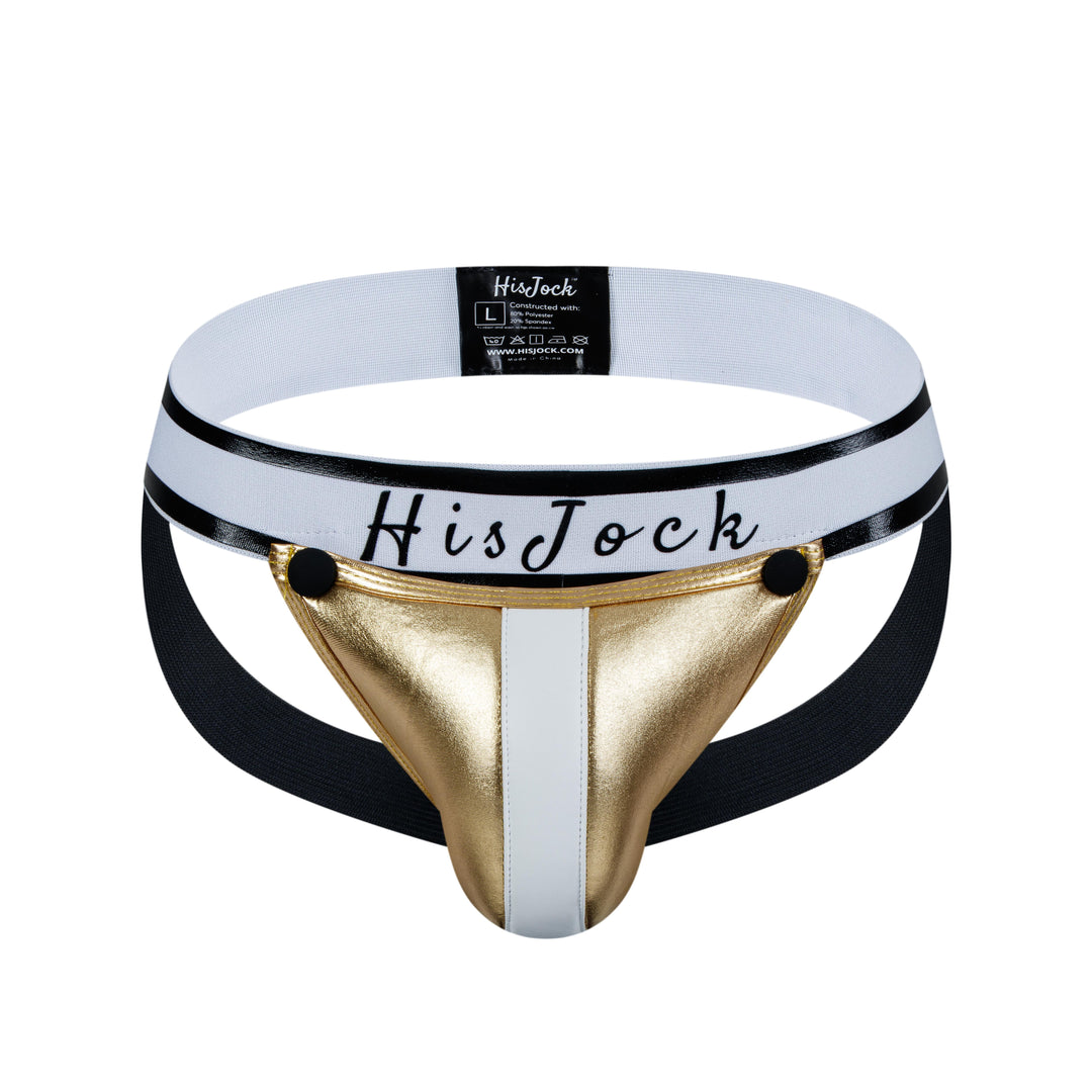 HisJock Armor Jock in gold – men's faux leather snap codpiece jockstrap