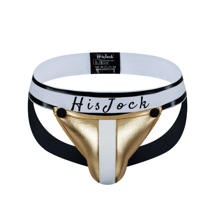 HisJock Armor Jock in gold – men's faux leather snap codpiece jockstrap