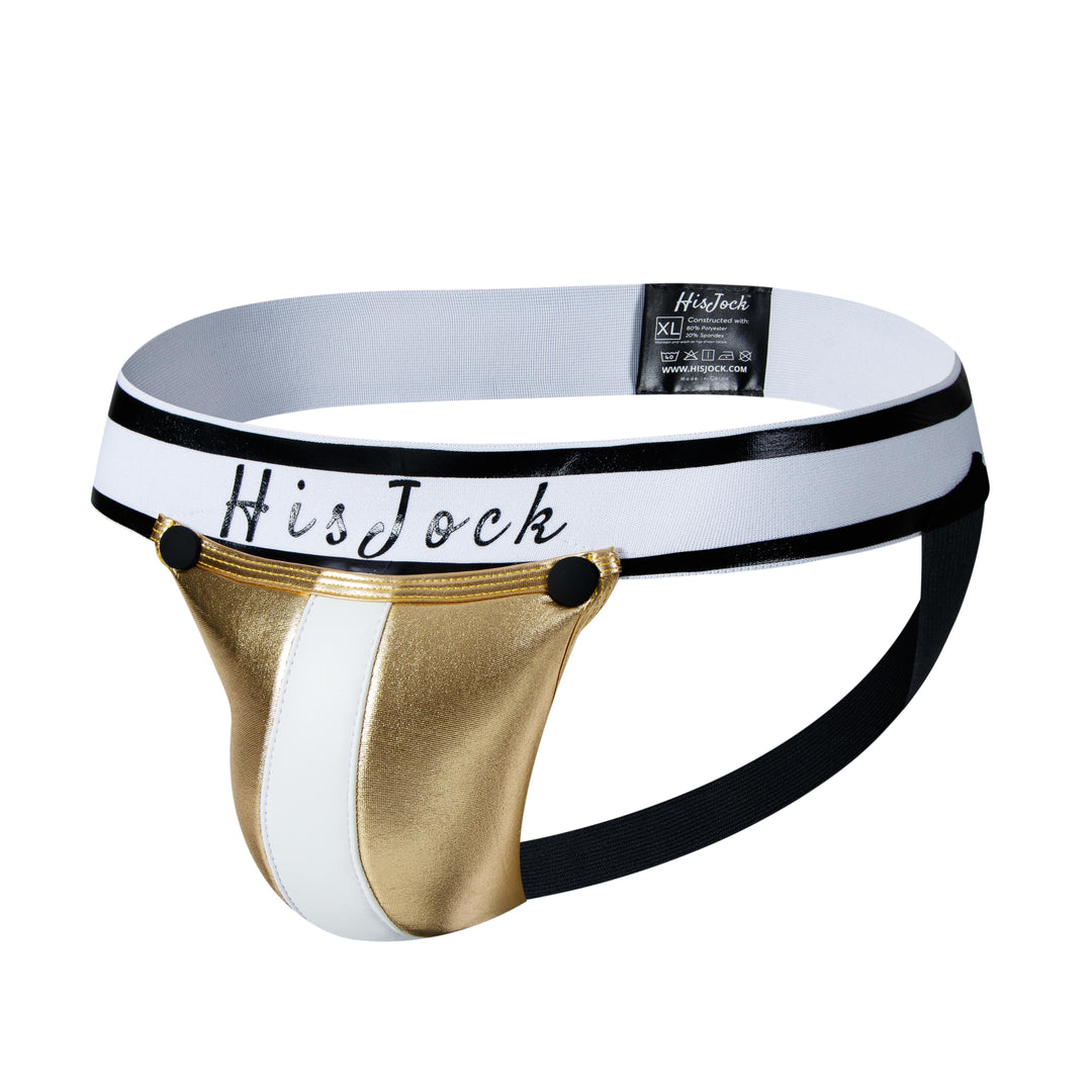 HisJock Armor Jock in gold – men's faux leather snap codpiece jockstrap