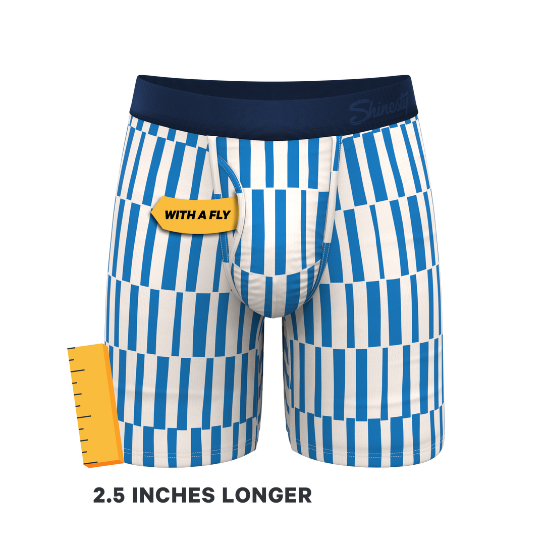 Shinesty "The Hamptons" Long Leg Boxer Briefs with Fly (Blue Mosaic Stripe)