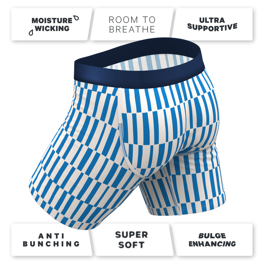 Shinesty "The Hamptons" Long Leg Boxer Briefs with Fly (Blue Mosaic Stripe)