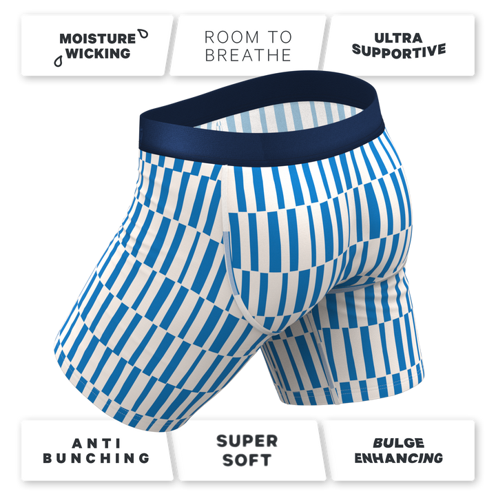 Shinesty "The Hamptons" Long Leg Boxer Briefs with Fly (Blue Mosaic Stripe)