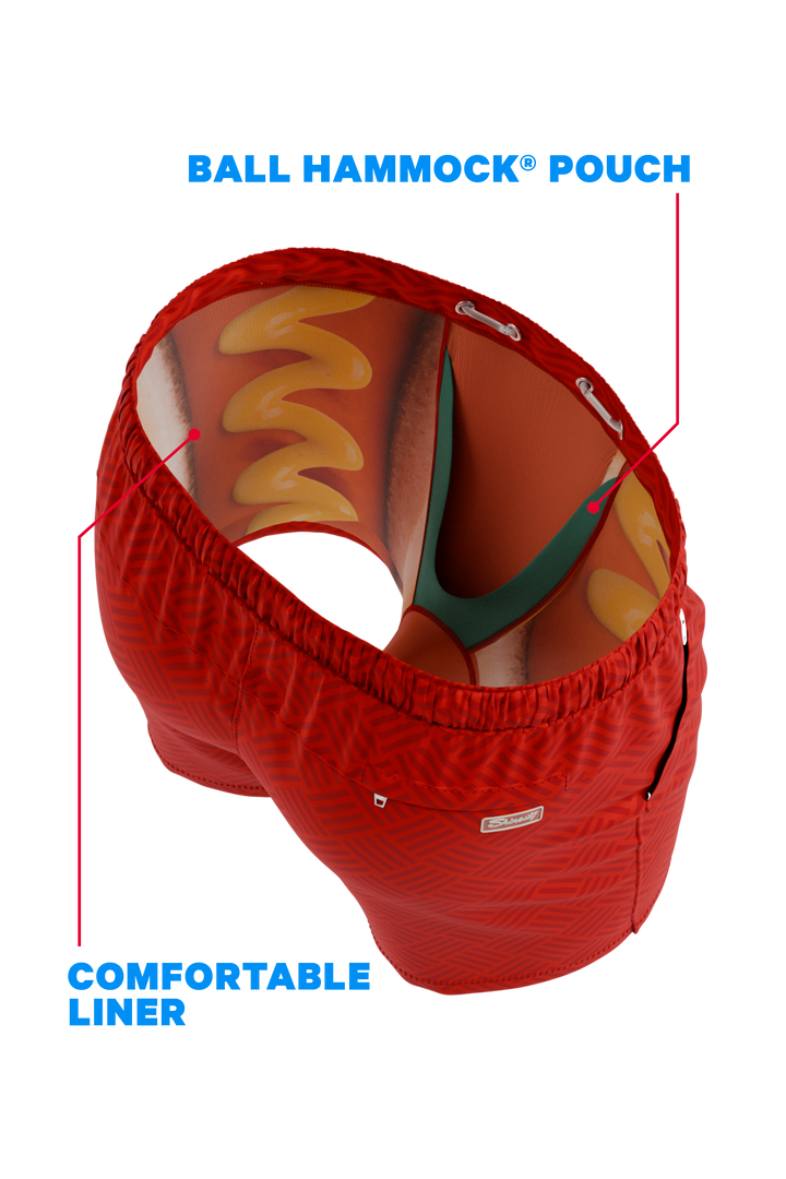 Shinesty The Hot Dogs Or Legs x Wienerschnitzel Ball Hammock 5 inch swim trunks – funny novelty