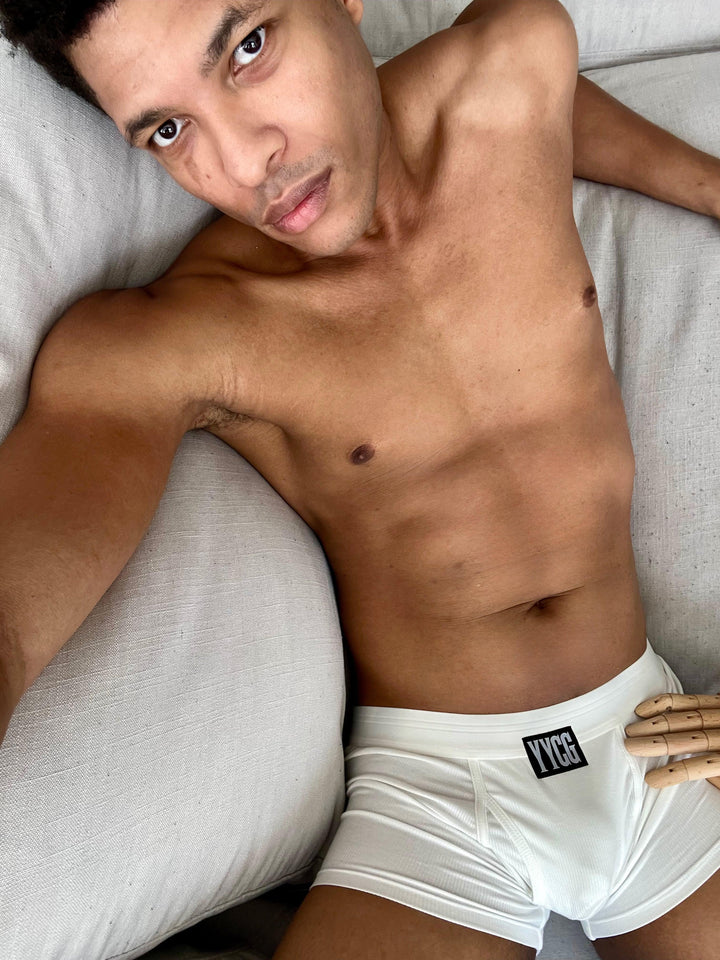 YYCG men's ribbed boxer brief in white – silky rayon stay-put performance underwear front view