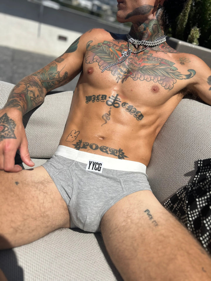 YYCG men's ribbed brief in white – soft rayon contour pouch underwear front view