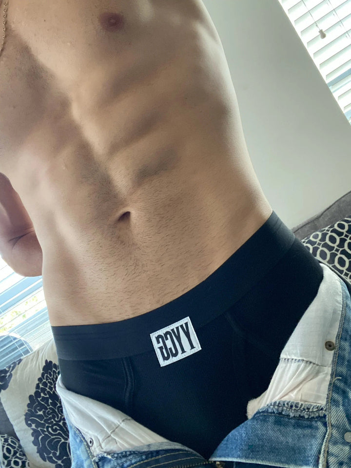 YYCG men's ribbed brief in black – premium textured rayon stretch underwear front view