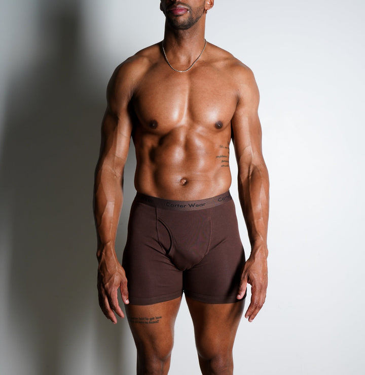 Carter Wear Men’s Espresso Ribbed Cotton Boxer Briefs - Soft Support Stretch Underwear (Dark Brown)