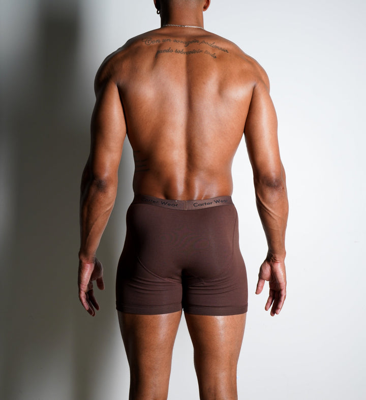 Carter Wear Men’s Espresso Ribbed Cotton Boxer Briefs - Soft Support Stretch Underwear (Dark Brown)