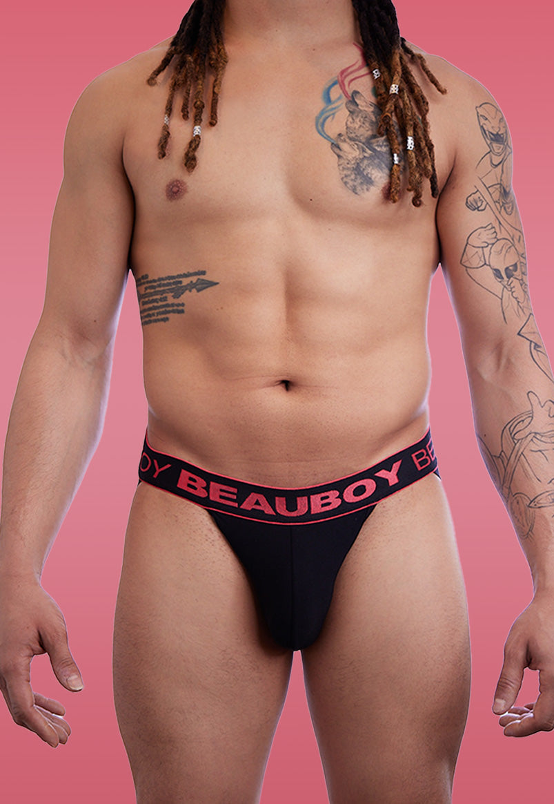 Beauboy Core men's jockstrap in coral and black – contour pouch athletic supporter front view