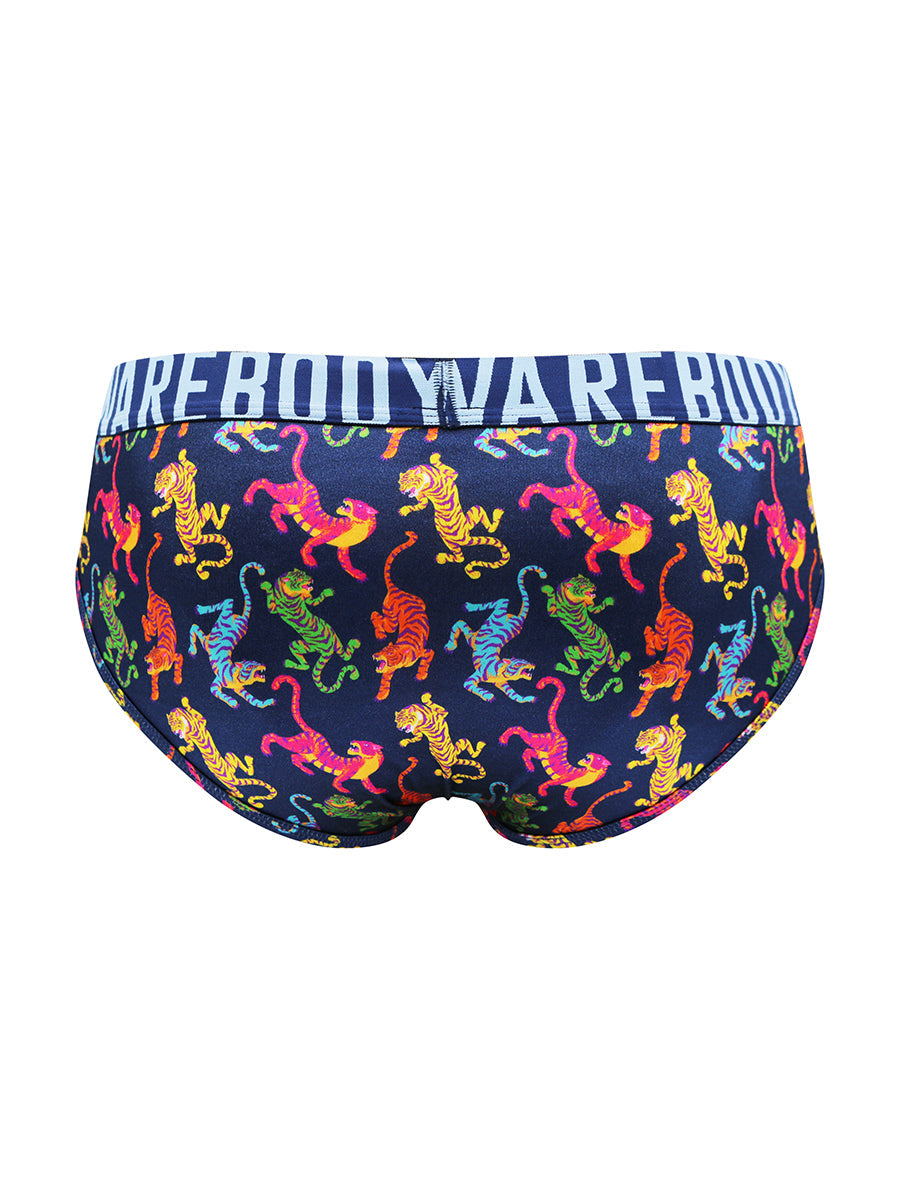 Body Aware Luxe Satin Sport Brief in rainbow tiger print – men's shiny satin brief