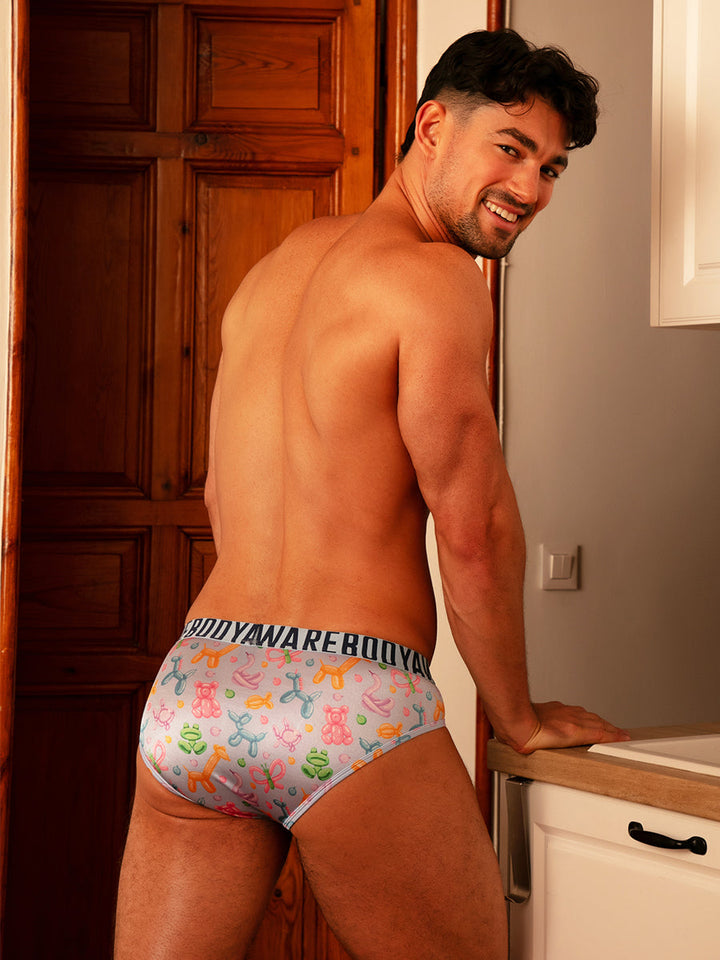 Body Aware Luxe Satin Sport Brief in balloon animal print – men's shiny satin brief