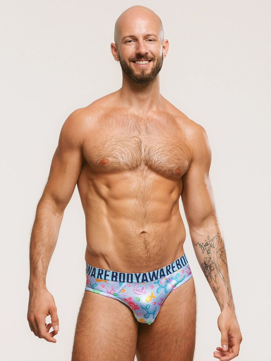 Body Aware Luxe Satin Sport Brief in balloon animal print – men's shiny satin brief