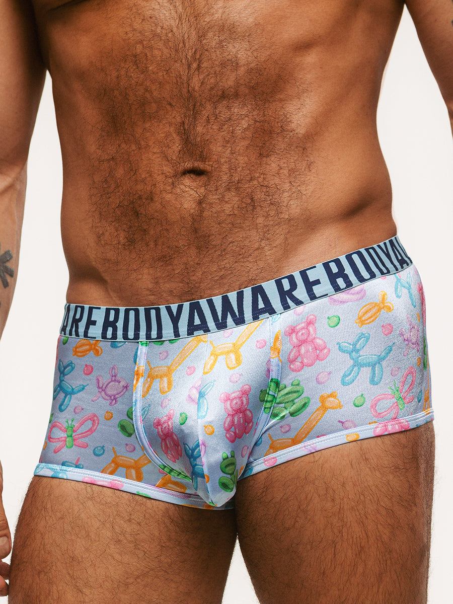Body Aware Luxe Satin Sport Trunk in balloon animal print – men's satin trunk underwear