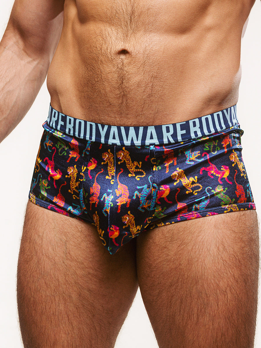 Body Aware Luxe Satin Sport Trunk in tiger print – men's satin trunk underwear