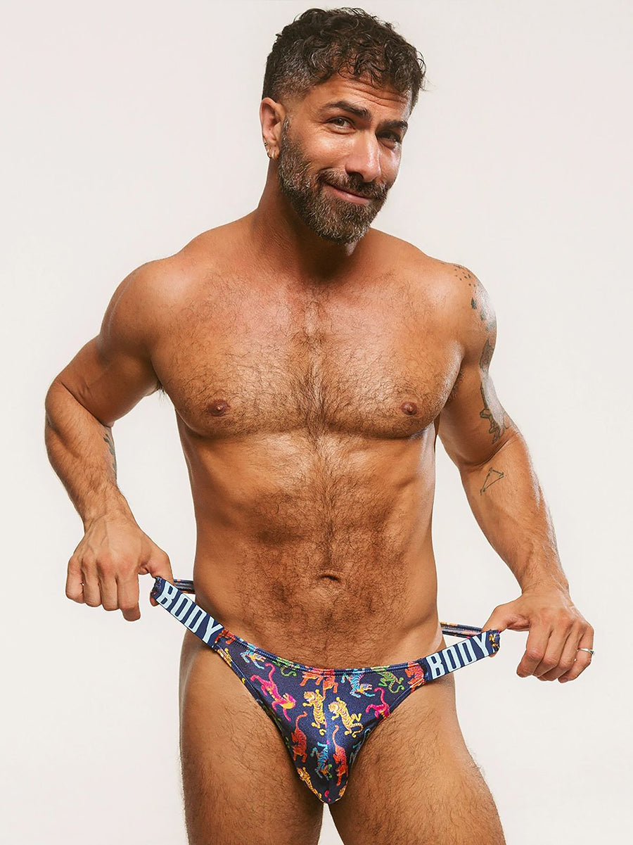 Body Aware Luxe Satin Dual Logo Thong in tiger print – men's satin thong dual logo