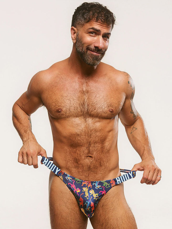 Body Aware Luxe Satin Dual Logo Thong in tiger print – men's satin thong dual logo