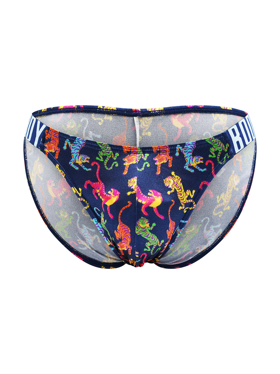 Body Aware Luxe Satin Dual Logo Brief in tiger print – men's satin brief dual logo waistband