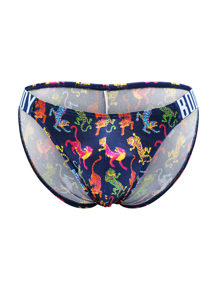 Body Aware Luxe Satin Dual Logo Brief in tiger print – men's satin brief dual logo waistband