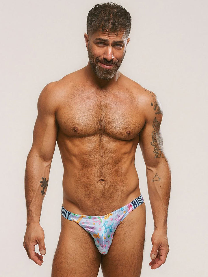 Body Aware Luxe Satin Dual Logo Brief in balloon animal print – men's satin dual logo brief