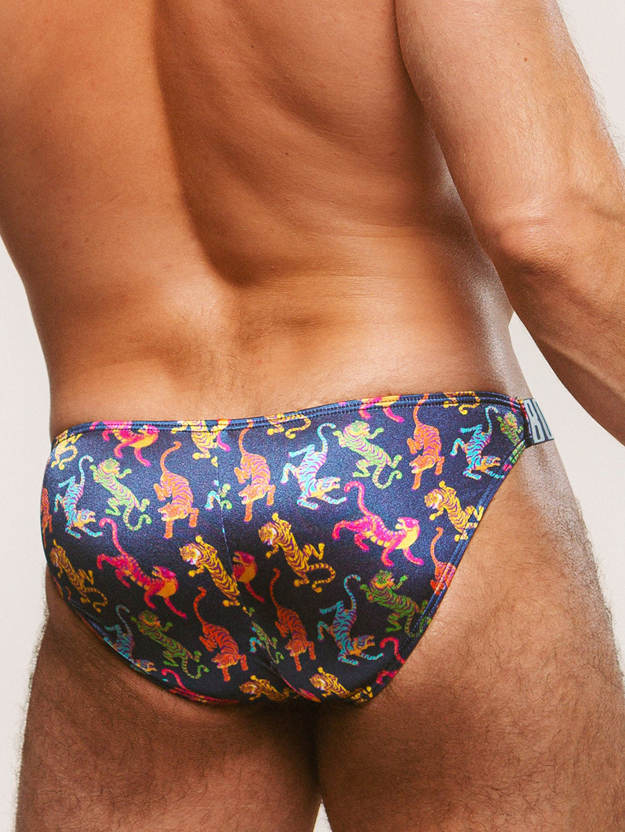 Body Aware Luxe Satin Dual Logo Brief in tiger print – men's satin brief dual logo waistband