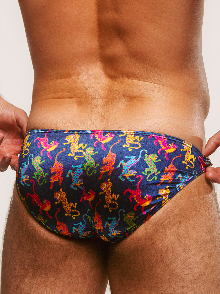 Body Aware Luxe Satin Logo Strap Brief in tiger print – men's satin brief with logo strap