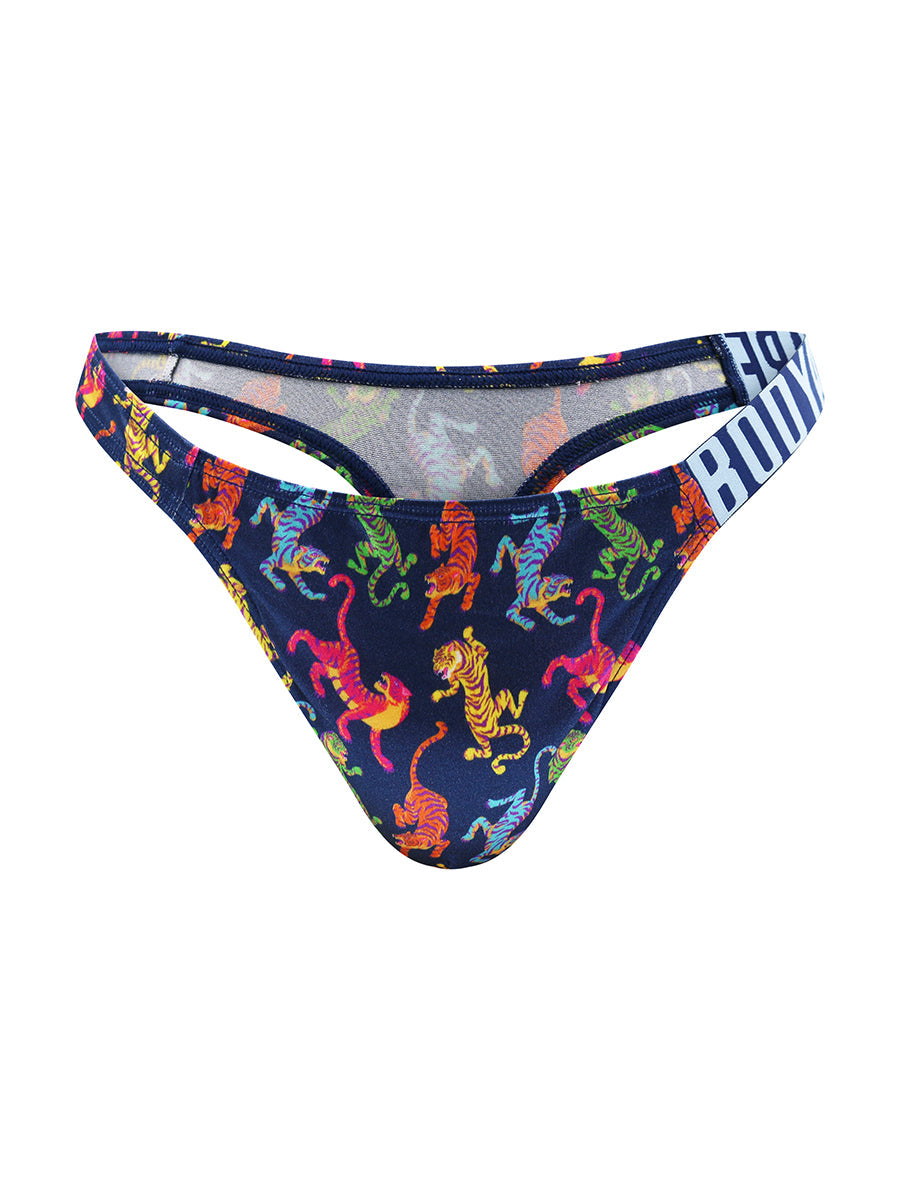 Body Aware Luxe Satin Logo Strap Thong in tiger print – men's satin logo thong
