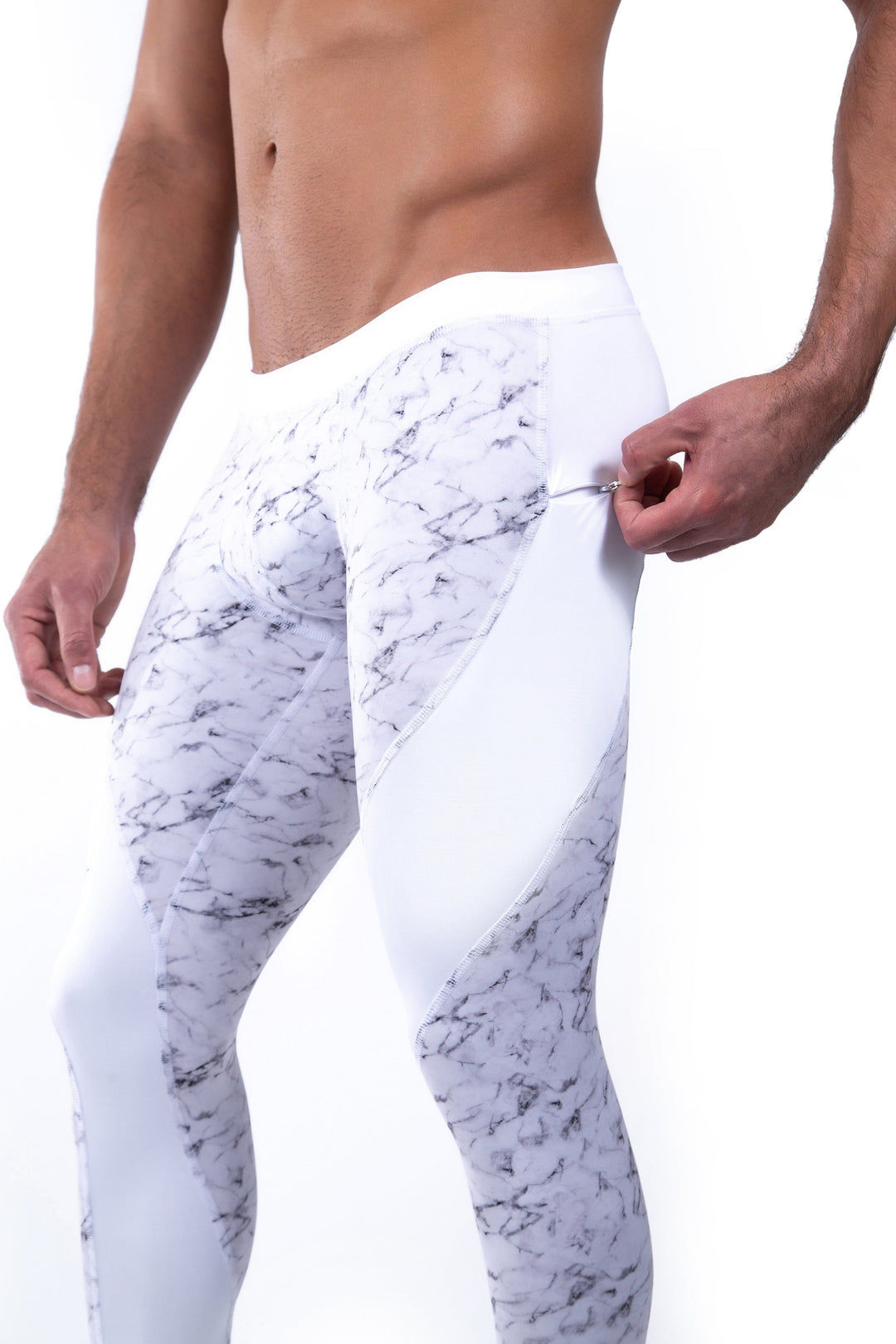 Matador Meggings "Marble" Men’s Compression Tights – High-Performance White Marble Athletic Leggings