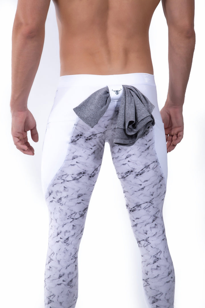 Matador Meggings "Marble" Men’s Compression Tights – High-Performance White Marble Athletic Leggings
