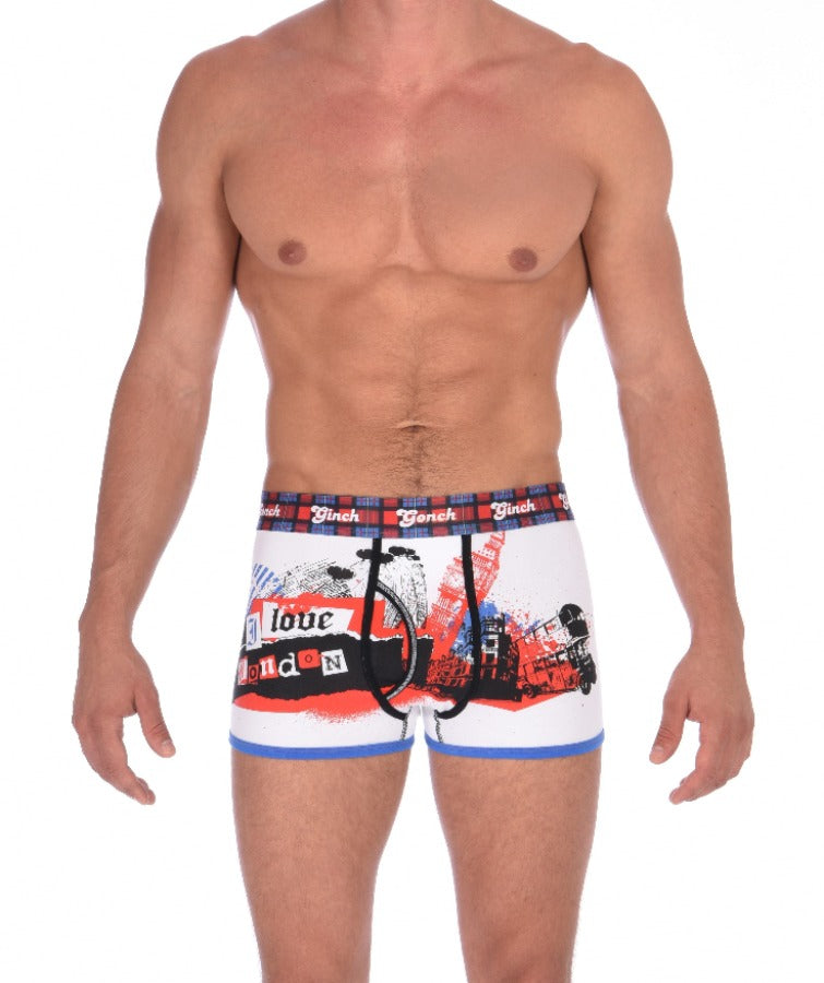 Ginch Gonch Men's Boxer Brief Trunk Underwear London Calling white blue and red underwear plaid waistband black and blue trim binding big ben front