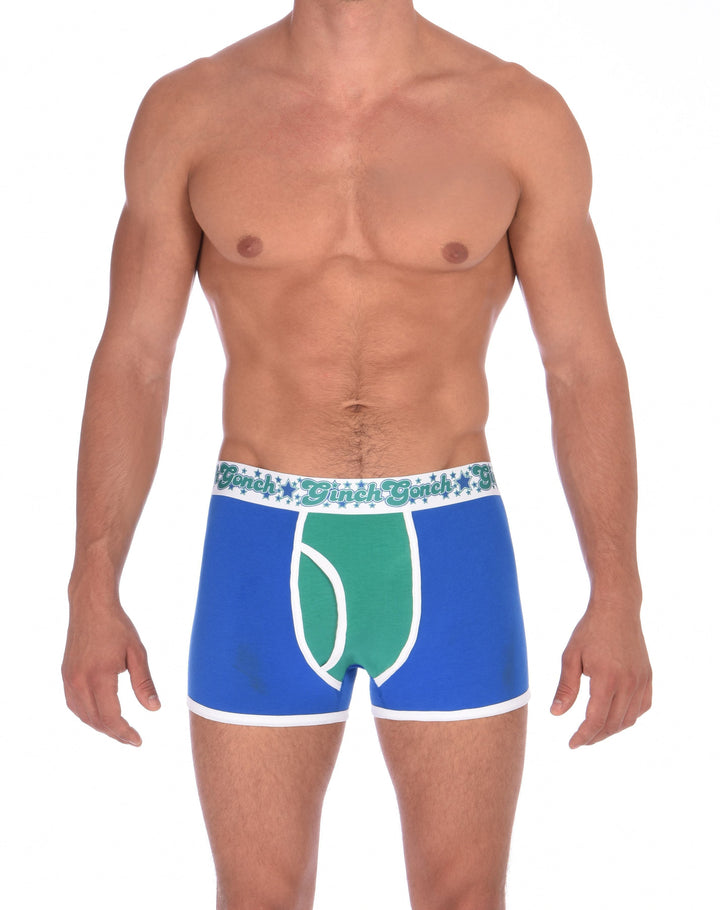 Ginch Gonch Blue Lagoon men's boxer briefs trunks y front blue and green. panels with white trim and printed waistband