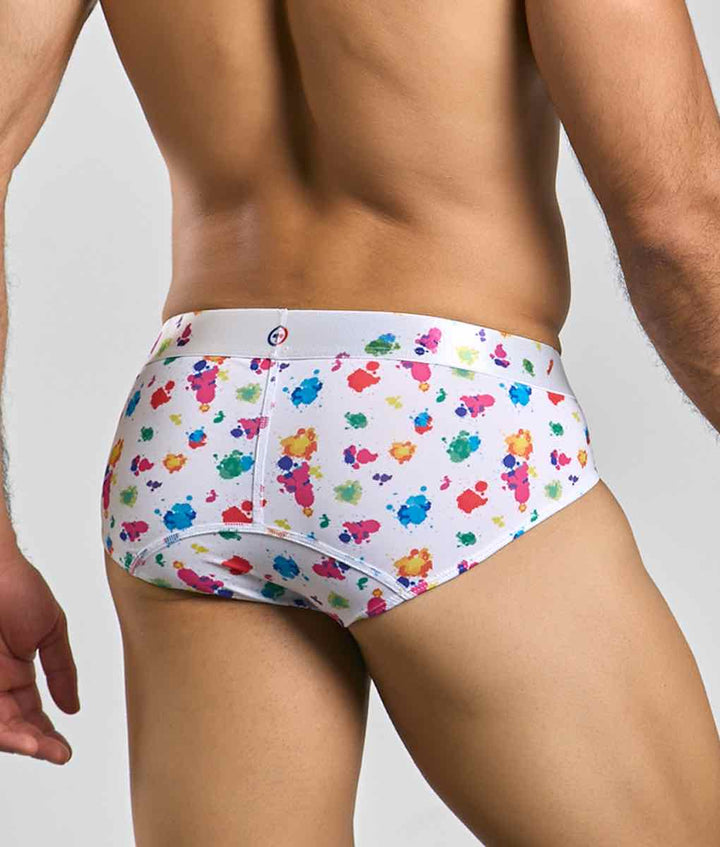 MaleBasics Men’s Hipster Briefs - White Splash Print Stretch Underwear