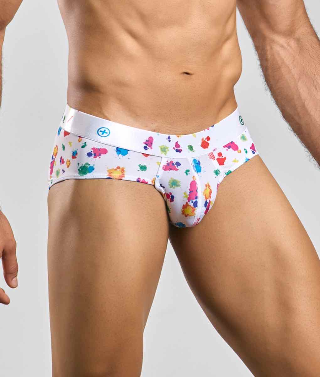 MaleBasics Men’s Hipster Briefs - White Splash Print Stretch Underwear