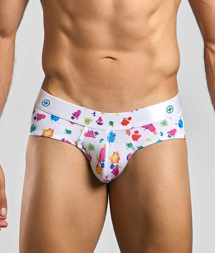 MaleBasics Men’s Hipster Briefs - White Splash Print Stretch Underwear